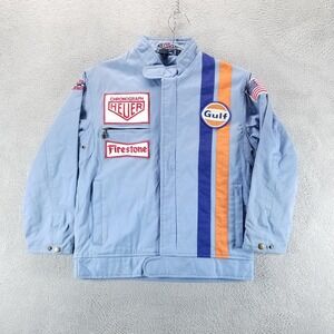 Racer Jacket Mens S Blue Le Mans Gulf Racing Patches Canvas Full Zip Insulated